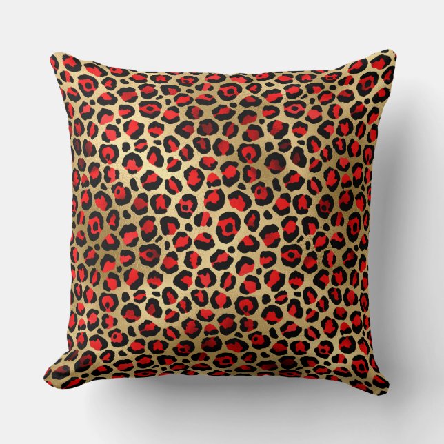 Coussin Taches de léopard en feuille d'or et rouge écarlat (Recto)
