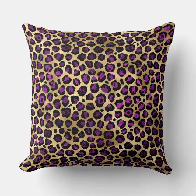 Coussin Taches de léopard en or et violet foncé élégantes (Recto)