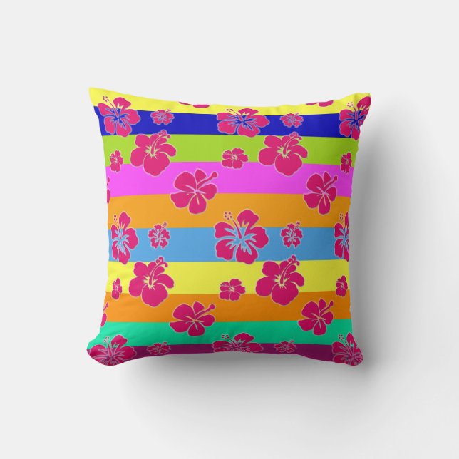 Coussin Taie d'oreiller Rayures et Hibiscus (Recto)