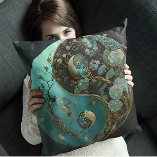 Coussin Taijitu Turquoise moderne Yin et Yang Contemporain
