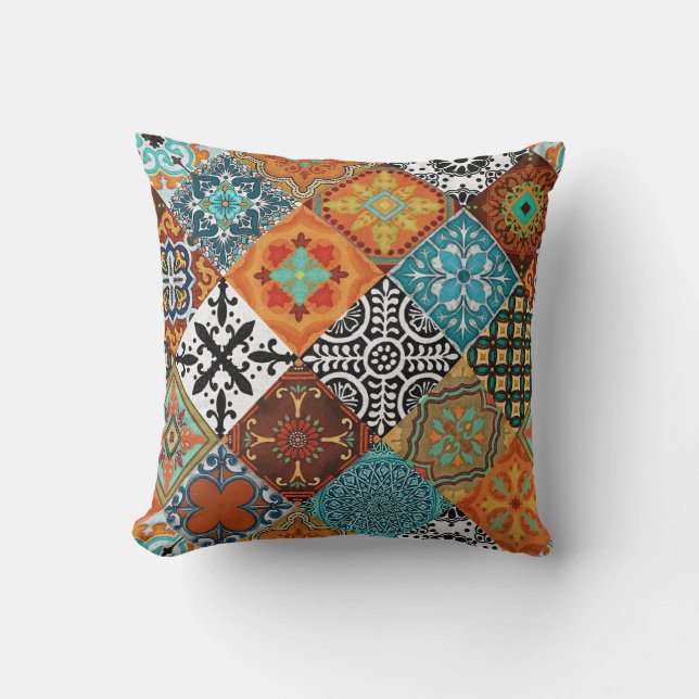 Coussin Talavera Tles Turquoise Sarcelle Orange Noir Blanc (Recto)