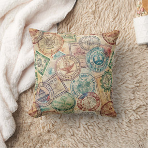 Coussin Tampon de passeport rustique motif voyage (1)