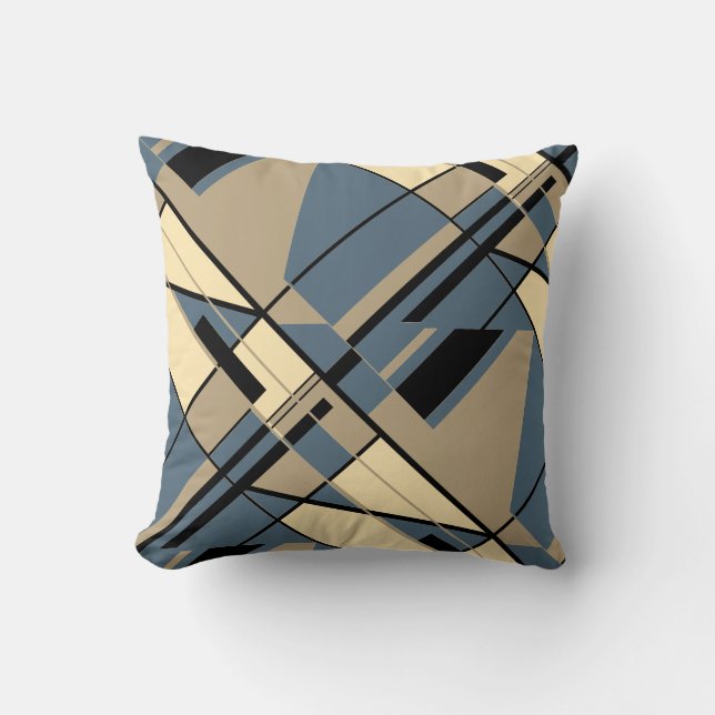 Coussin Tan Beige Noir Ardoise Bleu Diagonal Motif Abstrai (Recto)