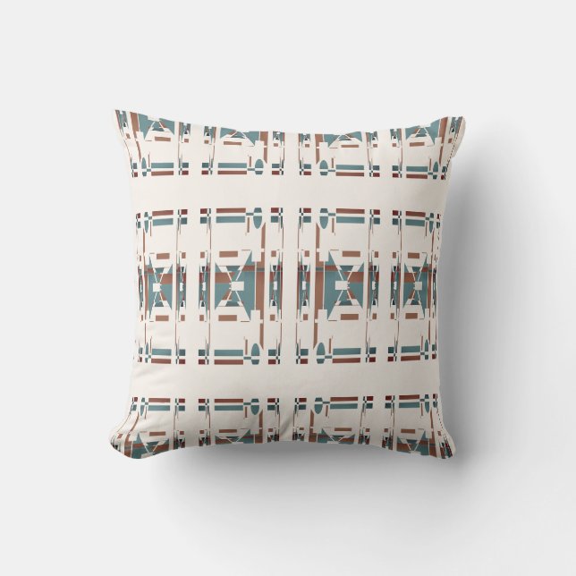 Coussin Tan Bleu Sarcelle Motif Artistique Rangées Sud-Oue (Recto)