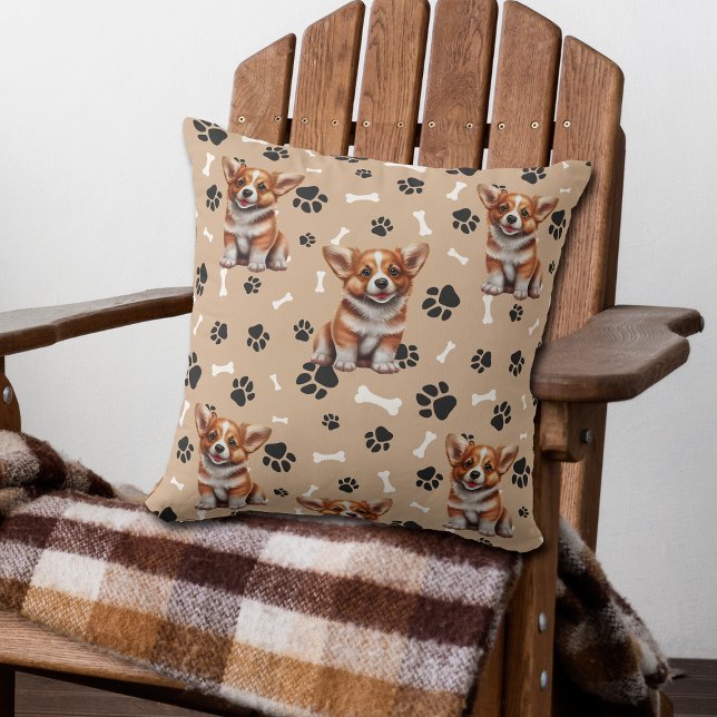 Coussin Tan Corgi Pawprints et os (Créateur téléchargé)