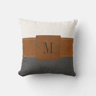 Coussin Tan Cuir Gris Blanc Linge Ferme Monogramme