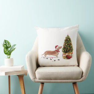 Coussin Tan Dachshund Funny Chien de Noël avec arbre