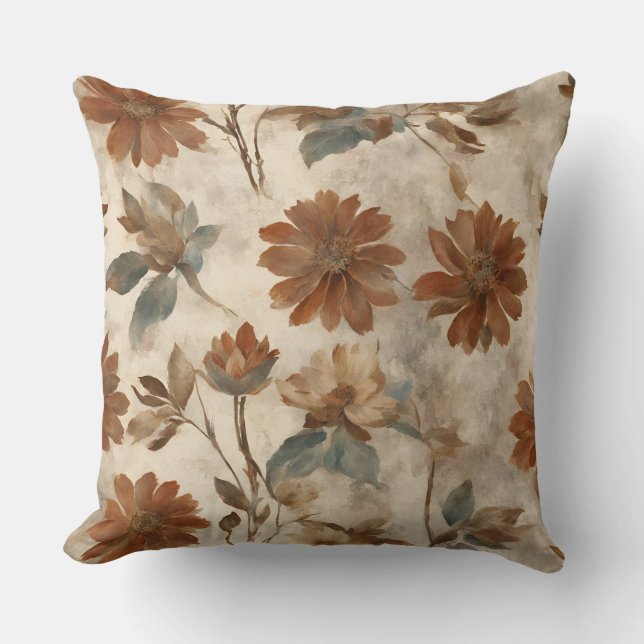 Coussin Tangerine Brûlé Turquoise Marron Floral (Recto)
