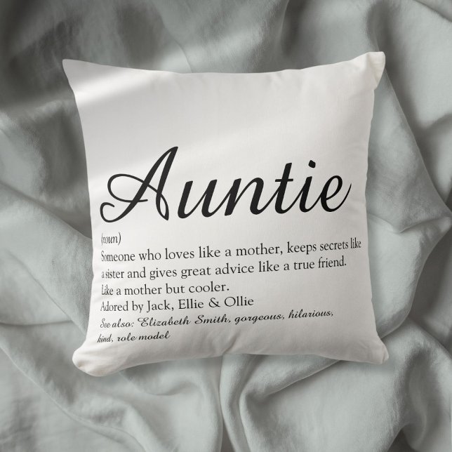Coussin Tante Tatie Définition Chic Script Noir et Blanc (Aunt Auntie Definition Black and White Chic Script Throw Pillow)