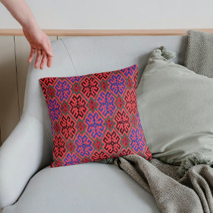 Coussin Tapis Kilim Turc Rouge Navy Corail Foncé Vintage