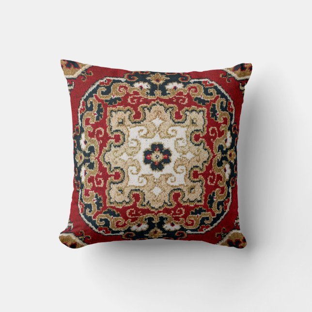 Coussin Tapis Oriental Perse Écarlate Rouge Onyx Noir Brun (Recto)