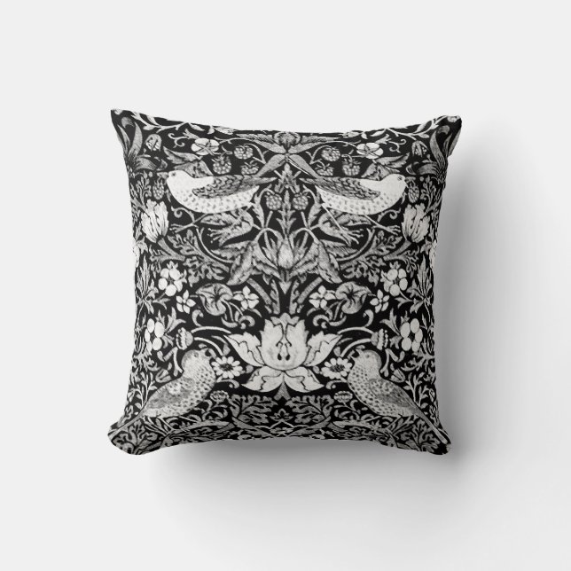 Coussin Tapisserie Art Nouveau Oiseau & Fleur, Noir & Blan (Recto)