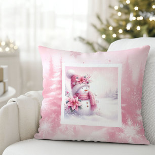 Coussin Tapisserie de Noël Bonhomme de Neige Rose Enchanté