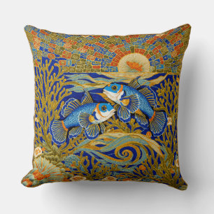 Coussin Tapisserie de style rétro Poisson Mandarin bleu