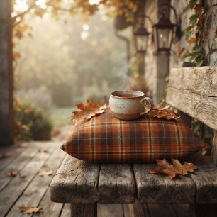 Coussin Tartan à carreaux automnaux orange et marron de la