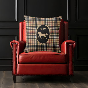 Coussin Tartan à carreaux classique avec monogramme Cheval