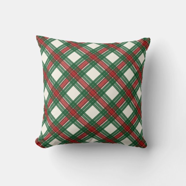 Coussin Tartan de Noël blanc vert rouge (Recto)