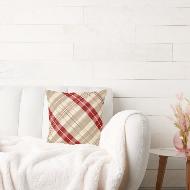 Coussin Tartan Diagonal en Motif rouge et beige Tan (Canapé)