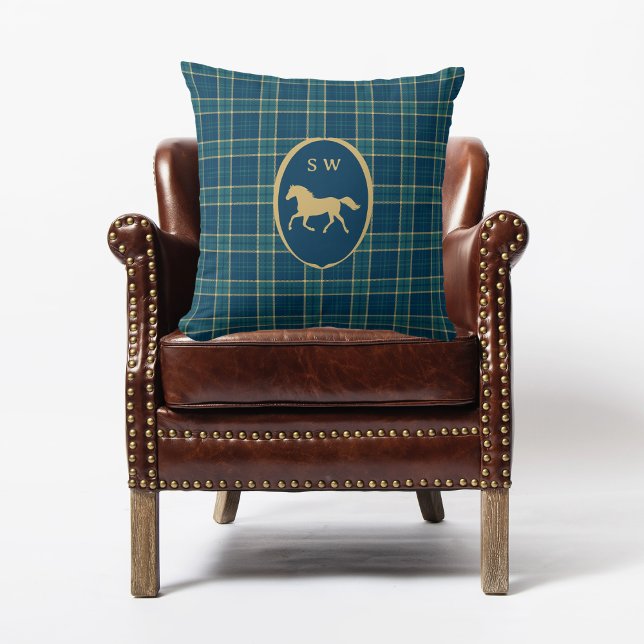 Coussin Tartan écossais classique Cheval équestre Monogram (Créateur téléchargé)