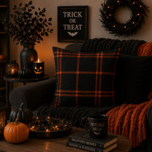 Coussin Tartan Écossais Moderne Automne Orange Noir Gras