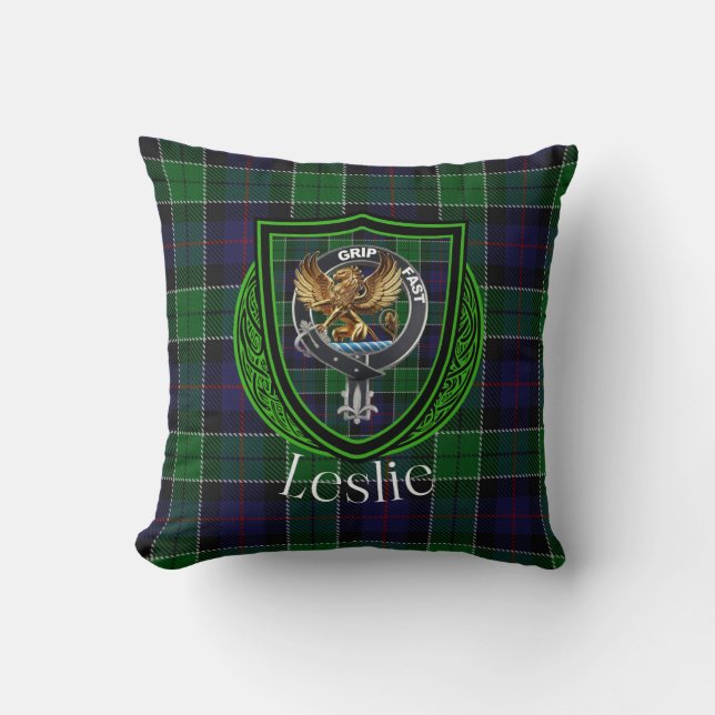 Coussin Tartan et blason du clan écossais Leslie (Recto)