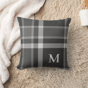 Coussin Tartan gris de charbon foncé plaqué avec Monogramm