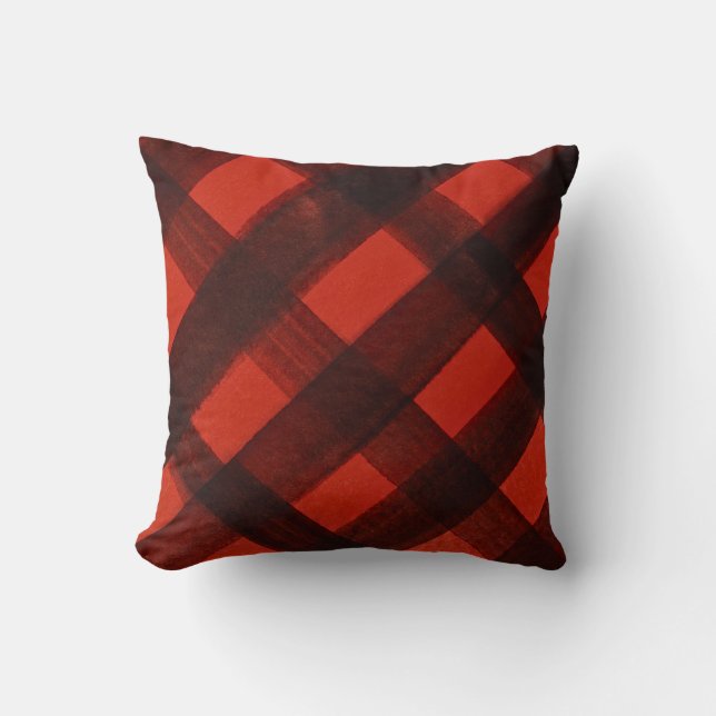 Coussin Tartan moderne de Noël peint rouge noir plaid (Recto)