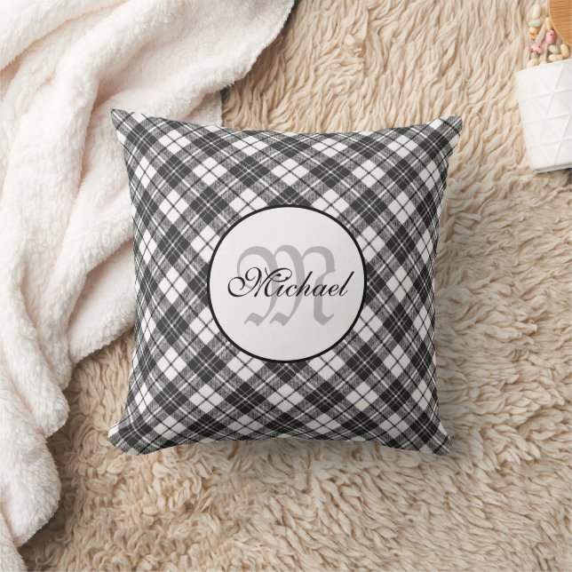 Coussin Tartan motif Noël noir blanc Monogramme (Couverture)