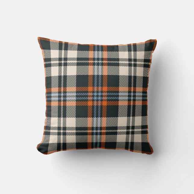 Coussin Tartan plaid automne motif en noir, orange, bleu (Recto)
