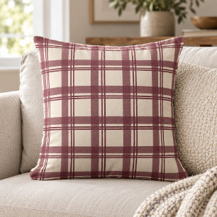Coussin Tartan Plaid Bourgogne Crème