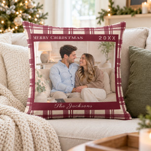 Coussin Tartan Plaid Bourgogne Crème Photo Noël