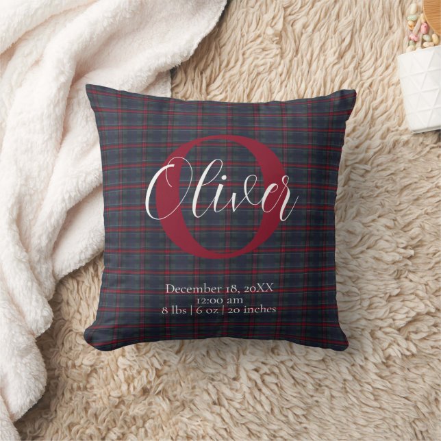 Coussin Tartan Plaid Monogram Birth Stats Newborn Baby Boy (Couverture)