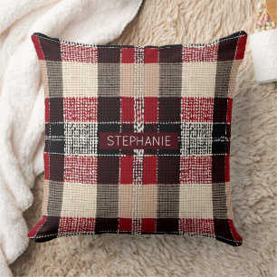 Coussin Tartan rouge classique et noir - Rustique tissé
