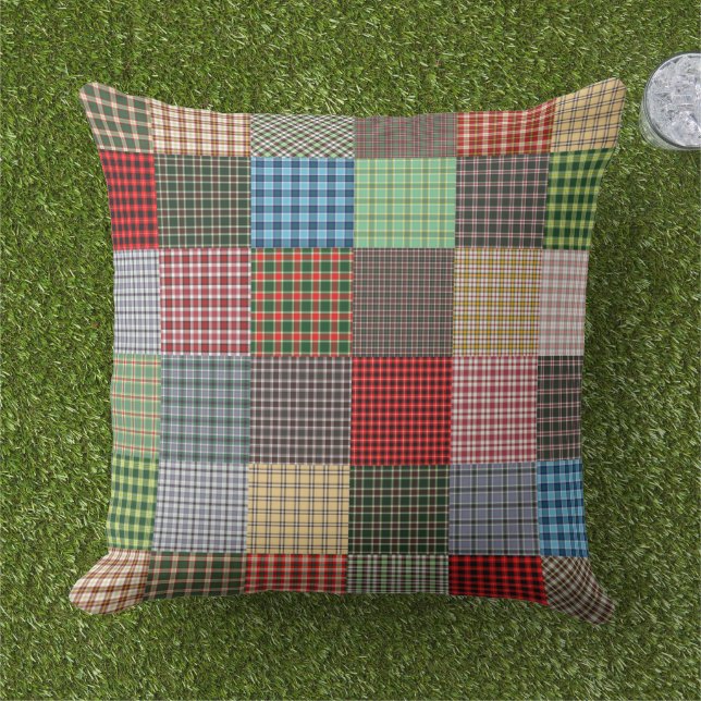 Coussin Tartan Rustique Patchwork Conception Plaid (Herbe)
