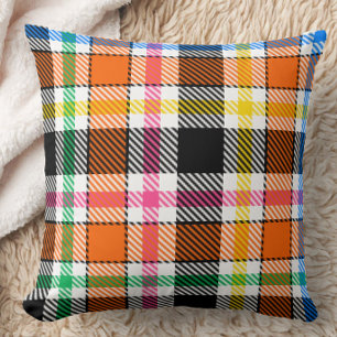 Coussin Tartan tacheté orange noir multicolore