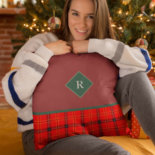 Coussin Tartelan de Noël rouge et vert patiné Monogramme