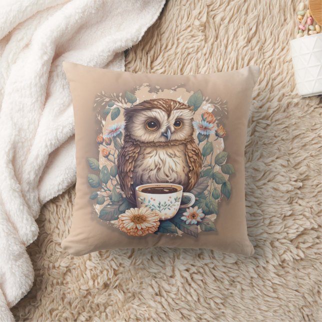 Coussin Tasse de café de peinture de hibou  (Couverture)
