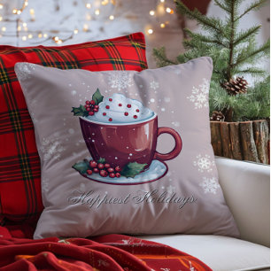 Coussin Tasse de chocolat chaud de Noël Rose blush
