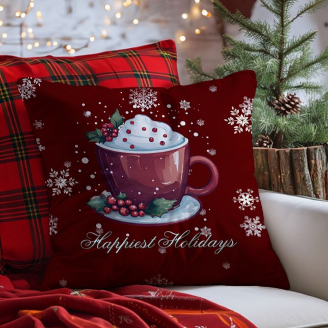 Coussin Tasse de chocolat chaud de Noël | Rouge (Red Christmas Cup of Hot Chocolate Throw Pillow)