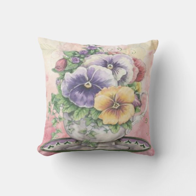 Coussin tasse de thé rose de pensée de fleur extérieure ou (Recto)