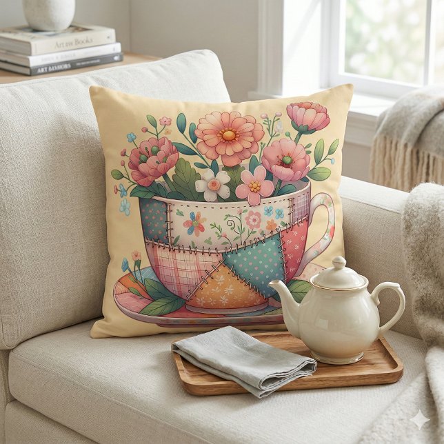 Coussin Tasse patchwork avec fleurs fantaisistes (Patchwork Teacup with Whimsical Flowers Throw Pillow Mockup A)