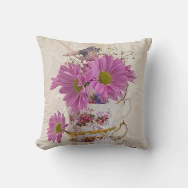 Coussin Tasses à thé et pâquerettes (Recto)