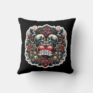 Coussin Tatouage de cœur squelette de véritable amour vue