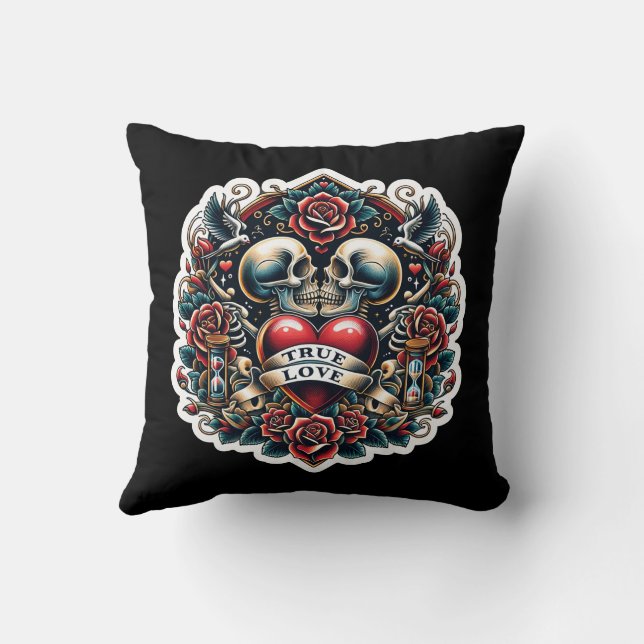 Coussin Tatouage de cœur squelette de véritable amour vue (Verso)