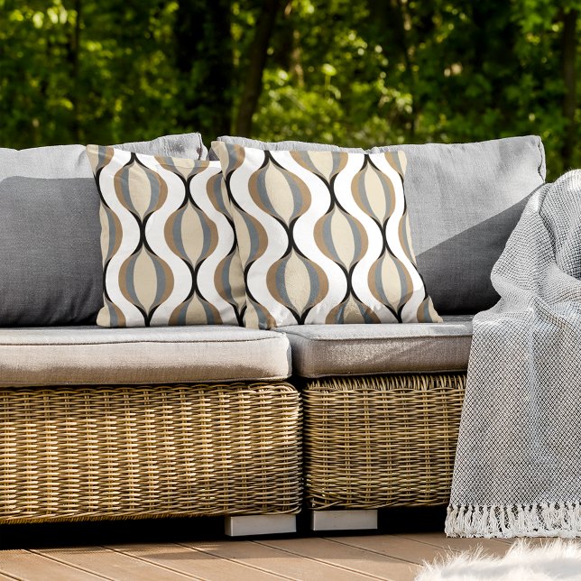 Coussin Taupe Beige Marron Gris Blanc Noir Vagues Ogee (Créateur téléchargé)