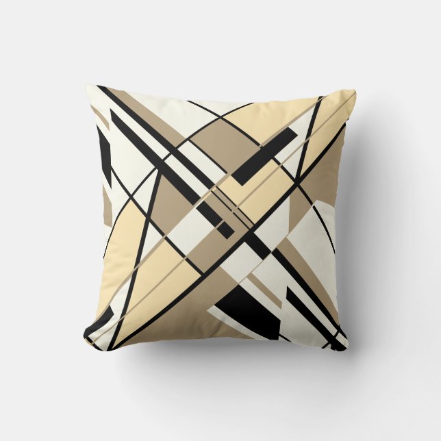 Coussin Taupe Crème Noir Blanc Diagonal Art Angulaire Moti (Recto)