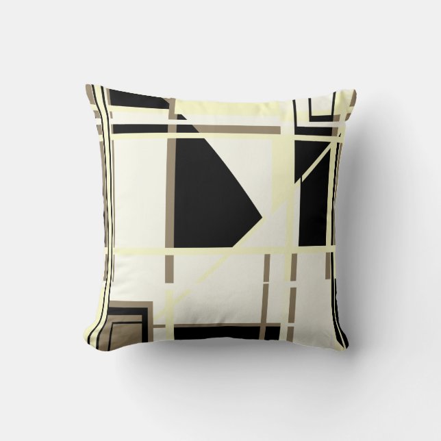 Coussin Taupe jaune noir sur Labyrinthe Abstrait blanc (Recto)