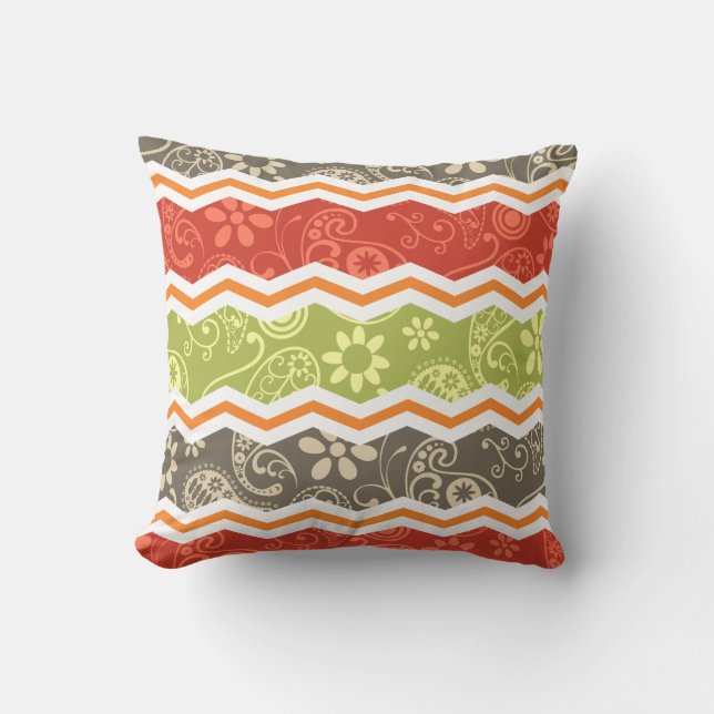 Coussin Taupe, rouge, vert et orange Paisley Chevron (Recto)