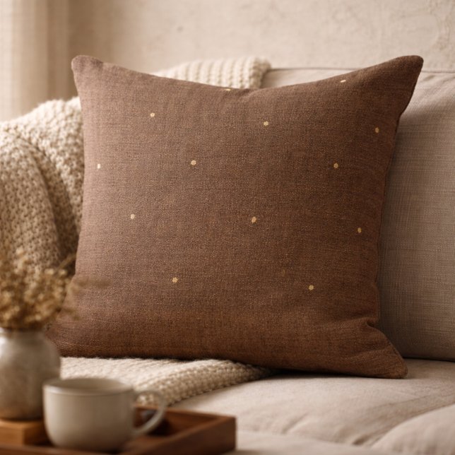 Coussin Taupe Rustic Hearth Throw Pillow (Dark taupe woven texture print with subtle gold sparks, grounded layers for warm hearth spaces)