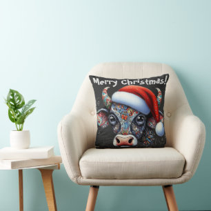 Coussin Taureau de vache de Noël avec chapeau rouge floral